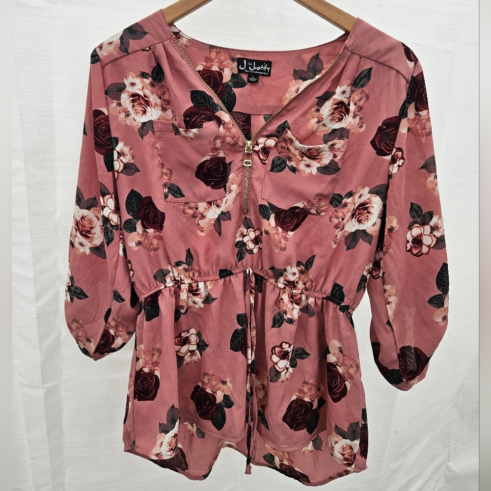 J For Justify Floral Pink Blouse With Dark and Light Rose, Size Large